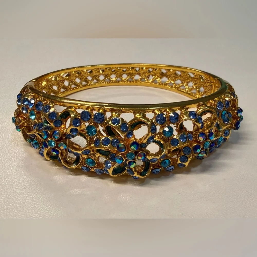 Gold Rhinestone Floral Stackable Multicolor Statement Bangle Bracelet Set